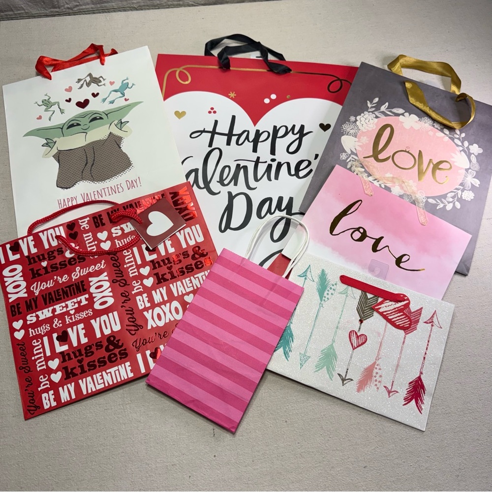 Valentine's Day Assorted Gift Bags - Pink Red White Love Designs - Set of 7
